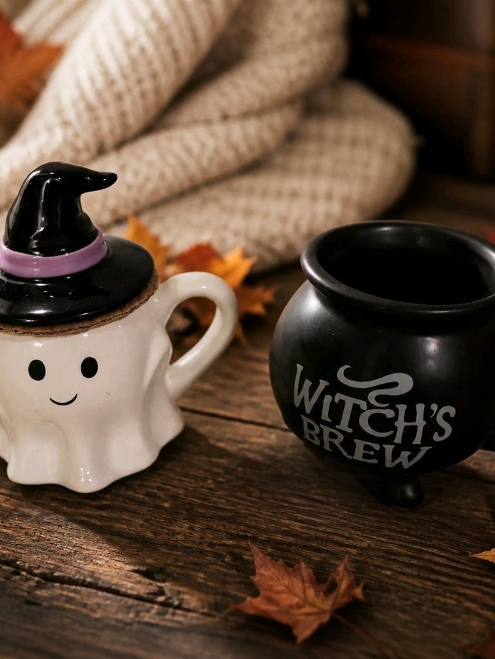 Cute Halloween Ghost Mug with Witch Hat Lid & Black Cauldron Set - White & Black